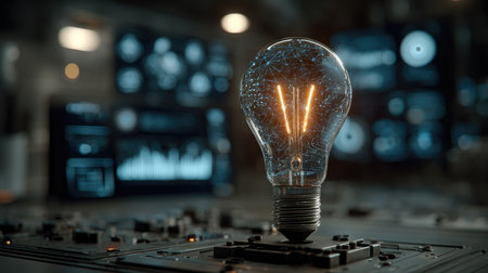 A glowing light bulb symbolizes innovation and ideas, set against a backdrop of digital displays and data visualizations, creating a modern technology atmosphere.の素材