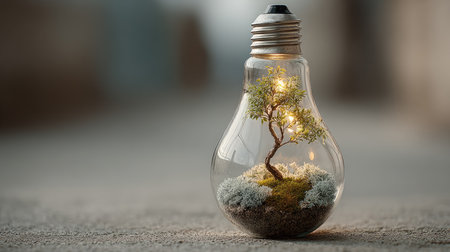 This captivating image features a light bulb containing a tiny tree and moss, capturing the essence of nature and sustainability in modern design.の素材
