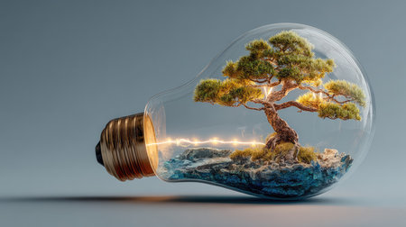 This imaginative image features a light bulb housing a vibrant bonsai tree, representing the harmony between nature and energy. It reflects creativity and sustainability ideals.の素材