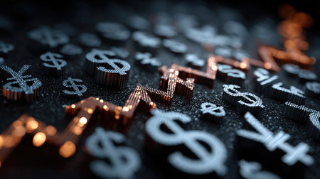 This image showcases a dynamic financial growth concept, featuring a rising chart made of metallic elements among various currency symbols, highlighting investment and economic trends.の素材