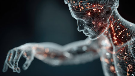 A captivating digital representation of a human figure, showcasing intricate wireframe designs and glowing network connections against a dark backdrop, symbolizing technology and innovation.の素材
