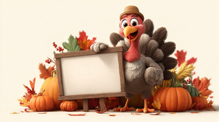 This cheerful cartoon turkey stands beside an empty wooden sign, surrounded by pumpkins and colorful autumn leaves. Perfect for Thanksgiving themes.の素材