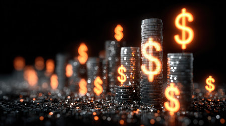 A visually striking image showcasing stacks of coins illuminated by glowing dollar signs, symbolizing wealth and financial growth against a dark backdrop.の素材