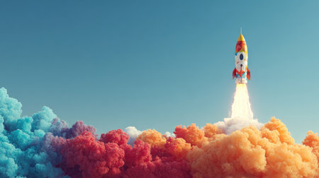 A vibrant illustration of a rocket launching into a sky filled with colorful clouds and smoke. This artwork captures the essence of adventure and exploration, embodying the spirit of innovation and imagination. Perfect for themes of technology or space.の素材