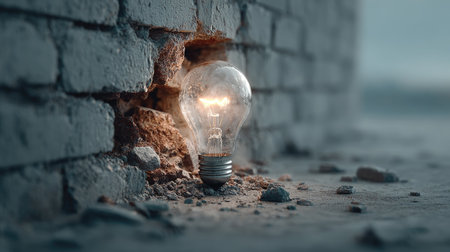 A vintage light bulb shines softly from a cracked wall, illuminating its surroundings with warm glow. Dust and debris add to the gritty urban atmosphere.の素材