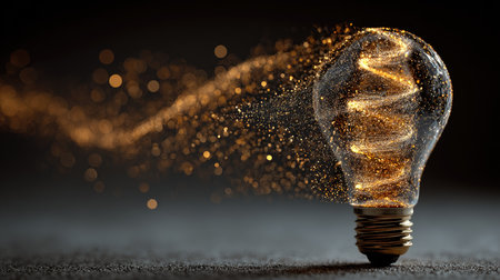 This image showcases a stunning lightbulb emitting a burst of sparkling energy, creating an abstract atmosphere filled with vibrant particles.の素材