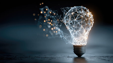 This image features a digital light bulb, symbolizing creativity and innovation, beautifully illustrated against a dark background, showcasing intricate connections.の素材