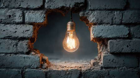 A vintage light bulb hangs in a hole in a weathered brick wall, creating a striking visual contrast. The glow illuminates the surrounding textures, evoking creativity.の素材