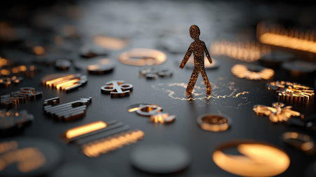 An abstract representation of a figure set against a backdrop of glowing symbols and icons. This image captures themes of technology, creativity, and modern design, creating an engaging visual narrative.の素材