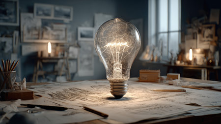 A glowing light bulb surrounded by creative tools and sketches, symbolizing innovation. The warm light illuminates the artistic workspace, inspiring ideas.の素材