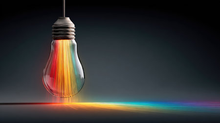 A mesmerizing image of a light bulb emitting vibrant colors that create a rainbow spectrum on a dark background, symbolizing creativity and inspiration.の素材