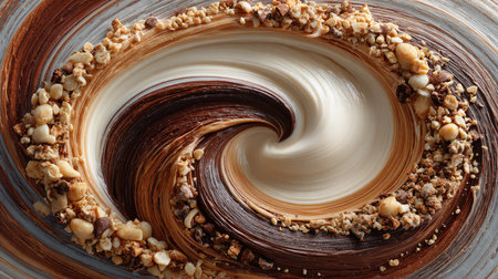 This captivating image showcases a swirling mixture of creamy dessert and rich chocolate, topped with crunchy nuts, creating an artistic food design.の素材