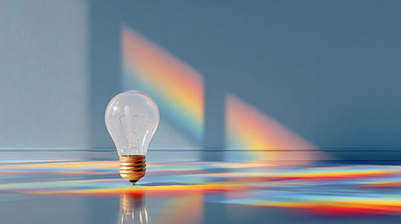 A striking light bulb casts colorful rainbow reflections on a smooth floor and wall, creating a serene and artistic atmosphere in a minimalist setting.の素材
