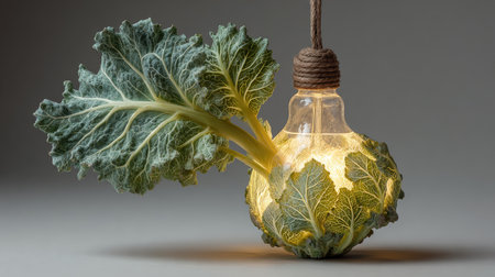 This captivating image features a light bulb creatively designed to resemble a cabbage, showcasing eco-friendly decor ideals. Perfect for unique interior design.の素材