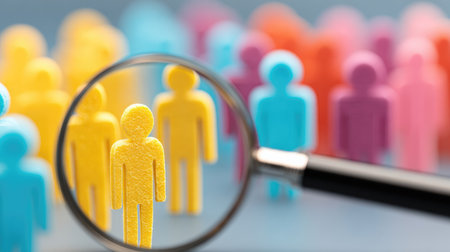 This image features colorful miniature figures viewed through a magnifying glass, symbolizing individuality and diversity. The vibrant background enhances the concept of focus and representation in a creative way.の素材