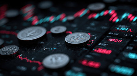 This image illustrates the dynamic world of cryptocurrency trading, featuring Bitcoin coins surrounded by fluctuating graphs and financial data. Perfect for investments.の素材