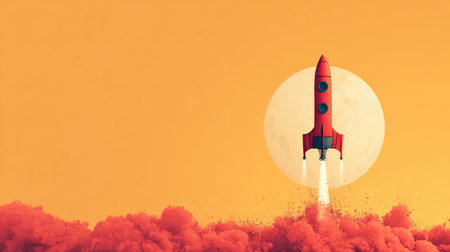 A vibrant illustration of a retro rocket soaring against a bright orange sky, silhouetted by soft clouds and a large moon, embodying adventure and exploration.の素材
