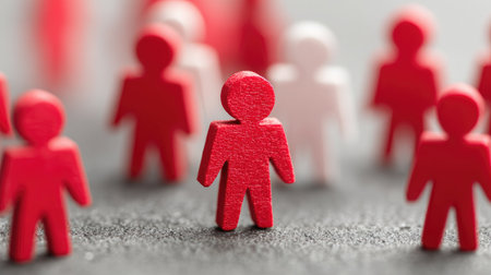 This image showcases a red figure in focus among a sea of lighter icons, symbolizing individuality against a backdrop of community. Perfect for themes of uniqueness and social dynamics.の素材