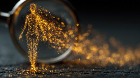 A captivating image featuring a silhouette of a woman composed of sparkling dust, emerging from a magnifying glass on a dark surface. This artwork blends fantasy with technology, illustrating a transformative journey filled with glowing particles.の素材