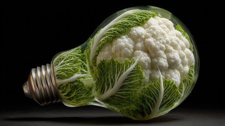 This captivating image features a light bulb designed with cauliflower and lettuce elements, symbolizing creativity and sustainability in modern art.の素材