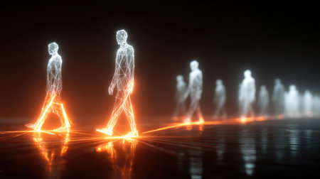 This captivating image features glowing digital representations of walking humans in a dark abstract environment, creating a sense of motion and innovation.の素材
