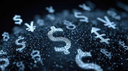 This abstract visualization showcases digital currency symbols against a dark backdrop, representing the interconnected world of finance, technology, and data.の素材