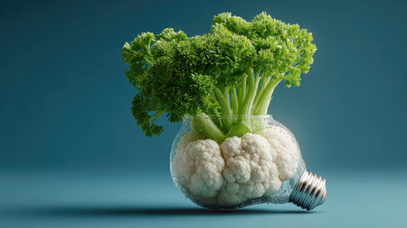 This creative still life features cauliflower and parsley arranged in a light bulb, symbolizing innovation in sustainable living and healthy eating.の素材