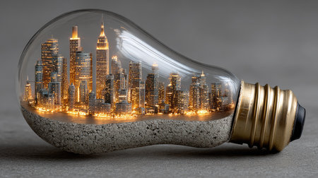 This imaginative image showcases a city skyline beautifully encapsulated within a light bulb, highlighting modern architecture and a glowing urban atmosphere.の素材