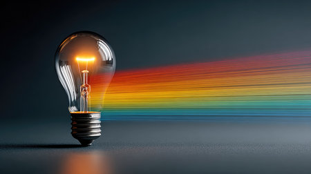 This striking image captures a light bulb emitting a vibrant rainbow spectrum, symbolizing creativity and innovation. The dark background enhances the colorful display, making it perfect for visual concepts in art and technology.の素材
