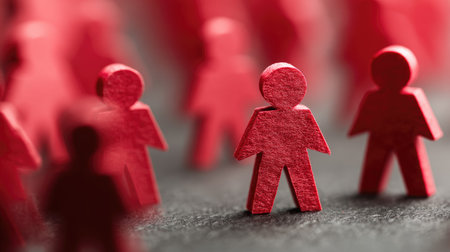 This conceptual image showcases red figures symbolizing individuality within a community, highlighting themes of connection, unity, and human relationships.の素材