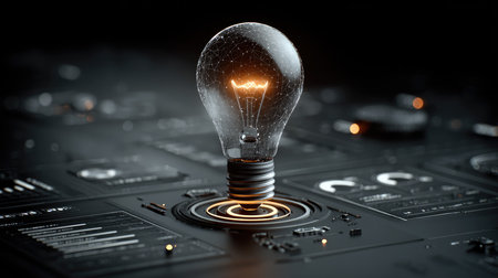 This image showcases a glowing light bulb in a futuristic environment filled with data and technology elements, symbolizing innovation and insight.の素材