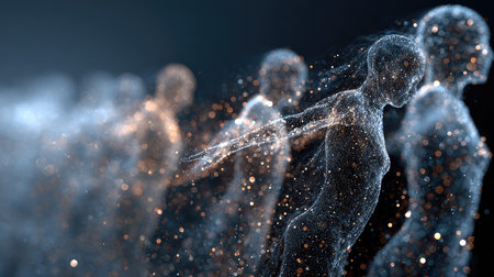This captivating digital artwork features ethereal human figures in motion, using light and particle effects to evoke themes of existence, transformation, and innovation.の素材