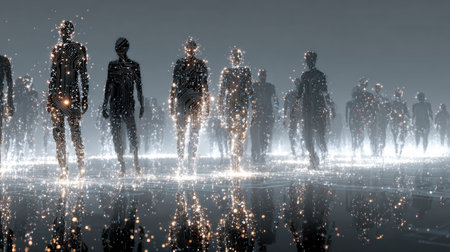 This captivating image showcases ethereal digital silhouettes moving through a shimmering landscape, surrounded by glowing particles and reflections, evoking a sense of exploration and innovation.の素材