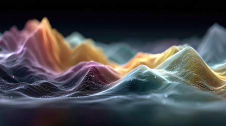 This abstract image features colorful, flowing waves of light and texture, creating a stunning digital landscape. The soft hues and shimmering patterns evoke a sense of motion and creativity, perfect for artistic and technological themes.の素材