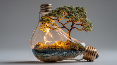 An artistic representation features a light bulb filled with a miniature landscape, including a tree and glowing elements, symbolizing sustainability and creativity.の素材