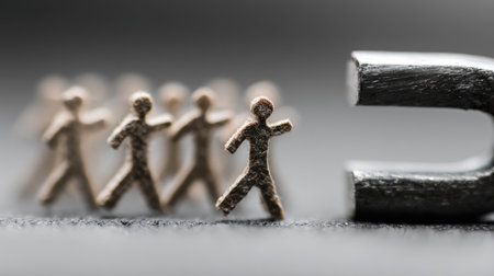 This image illustrates tiny figurines approaching a strong magnet, symbolizing the concept of attraction in teamwork, collaboration, and business engagement.の素材