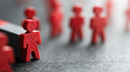 This image features red figurines representing people alongside a magnet on a dark surface. It symbolizes connections, strategies, and business dynamics.の素材