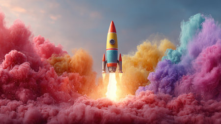 A colorful rocket takes off, surrounded by vibrant smoke clouds in a dreamy sky, embodying themes of adventure, imagination, and exploration.の素材