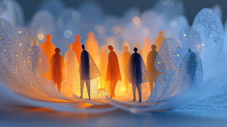 This artistic image captures illuminated figures in soft hues, symbolizing connection and community amidst a dreamlike background, evoking warmth and unity.の素材