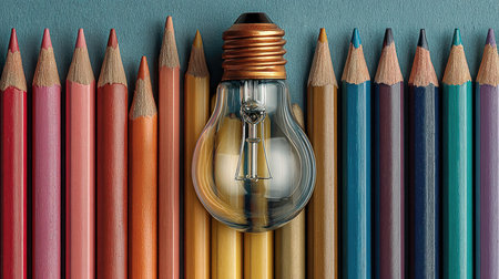 A light bulb placed creatively among colorful pencils on a textured surface, symbolizing creativity and inspiration in art and education.の素材