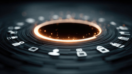 This abstract image features a digital interface with various icons arranged in a circular pattern around a glowing center, suggesting innovation and technology.の素材