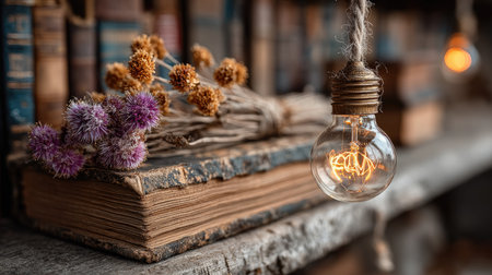 A warm and inviting scene featuring an open book, dried flowers, and a glowing Edison bulb. This rustic arrangement adds charm and elegance to any space.の素材