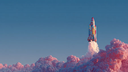 A vibrant rocket is launching into a clear blue sky, surrounded by soft pink clouds. This dynamic scene captures the essence of adventure and innovation in the realm of space exploration.の素材