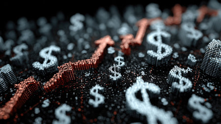 An abstract representation of financial growth showcasing rising graphs and dollar signs against a dark background. This captivating image symbolizes success and investment opportunities in the economy.の素材