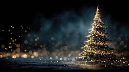 A mesmerizing image of a Christmas tree adorned with golden lights, set against a dark background filled with dreamy bokeh, creating a magical holiday atmosphere.の素材