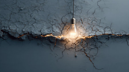 A captivating light bulb hangs against a cracked wall, emitting a warm glow. Electric sparks radiate from the cracks, creating a dramatic visual impact.の素材