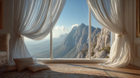 This serene interior captures a breathtaking window view framed by elegant curtains, showcasing majestic mountains and a clear sky, perfect for relaxation.の素材
