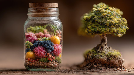 A captivating image featuring a glass jar brimming with an array of colorful berries beside a charming miniature tree. This artistic portrayal blends nature and creativity, perfect for showcasing organic beauty and imaginative displays.の素材