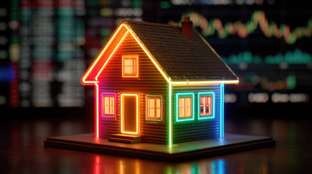 A vibrant neon house model stands out against a blurred stock market background, symbolizing the dynamics of real estate investment and homeownership trends.の素材