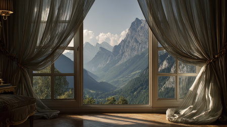 A captivating view of majestic mountains framed by an elegant window draped with luxurious curtains, inviting tranquility and a sense of adventure into the interior space.の素材